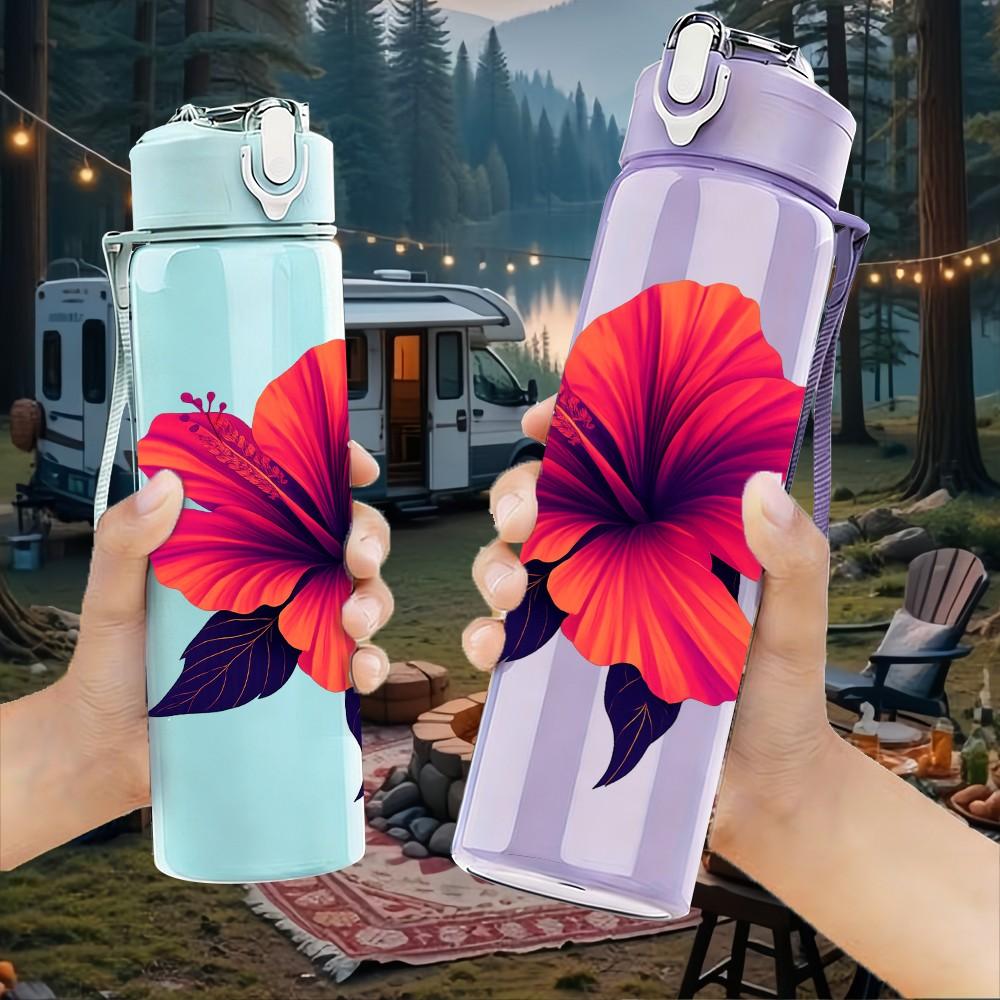 1PC Red Hibiscus Flower Illustration 750ml Color Plastic Sports Water Bottle Leakproof Flip Straw Lid Suitable for Sports Office Home Use
