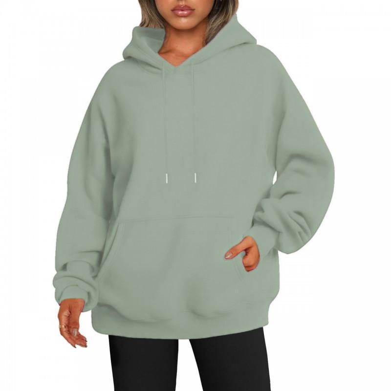 Womens Solid Color Hooded Sweatshirt Casual Loose Fit Long Sleeve Top