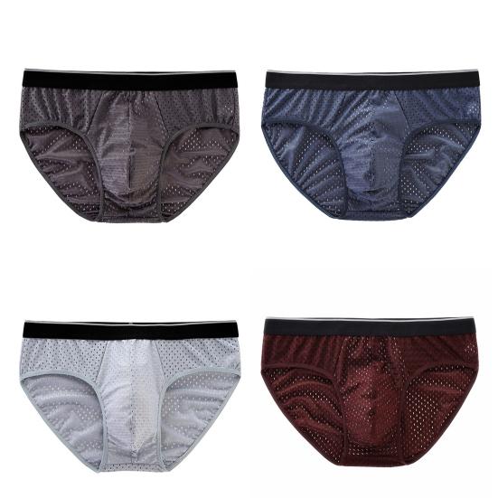 Men Panties Breathable Mesh Elastic Mid Waist Color Block No Trace Inside Wearing Large Size Ice Silk Sexy Male Underwear Briefs for Daily Life
