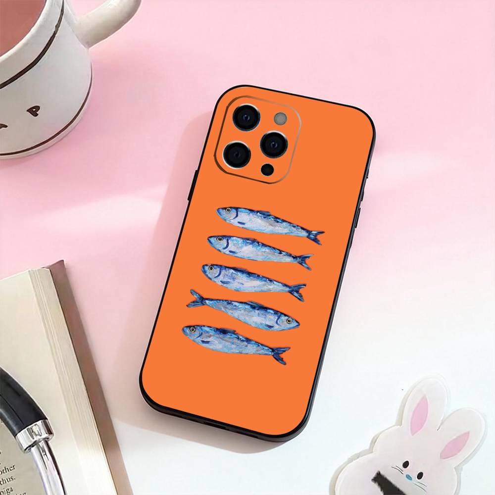 Sardines Fish Art Phone Case For iPhone 17,16,15,14,13,12,11 Plus,Pro Max,Soft Silicone Black Cover