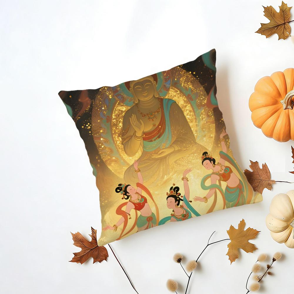 Retro Artist Chinese Dunhuang Art Cushion Cover Washable Linen Pillowcase Soft for Daily Sofa Bed Home Room Decor