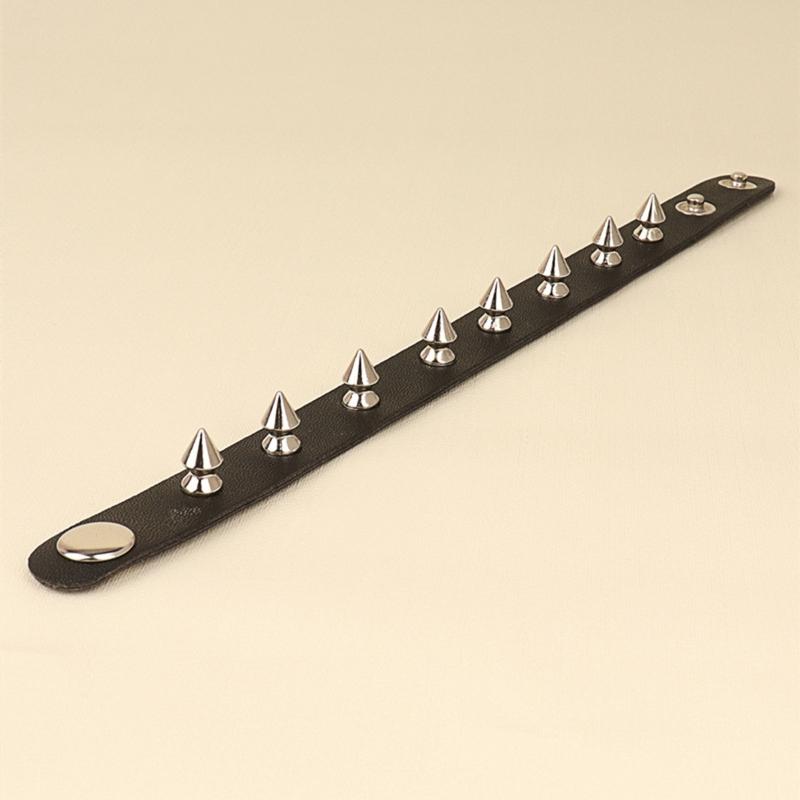 Spiked Studded Bracelet Black Leather Rivets Punk Bracelet Cuff Wrap Bangle Metal Snap Button Wristband for Men Women