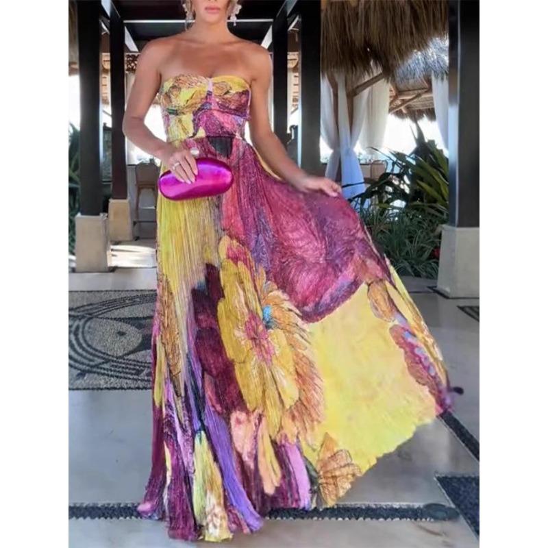 Europäisches und amerikanisches Damen-Spaghettiträgerkleid mit Print, plissiert, ärmellos, schwingend (Plus Size Style 8162)