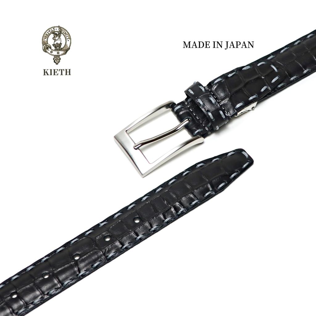 [KIETH] Crocodile Embossed Belt for Men, Genuine Leather, Kip Leather, Black, Made In Japan, Matte Finish, Adjustable Size, KE21472-19