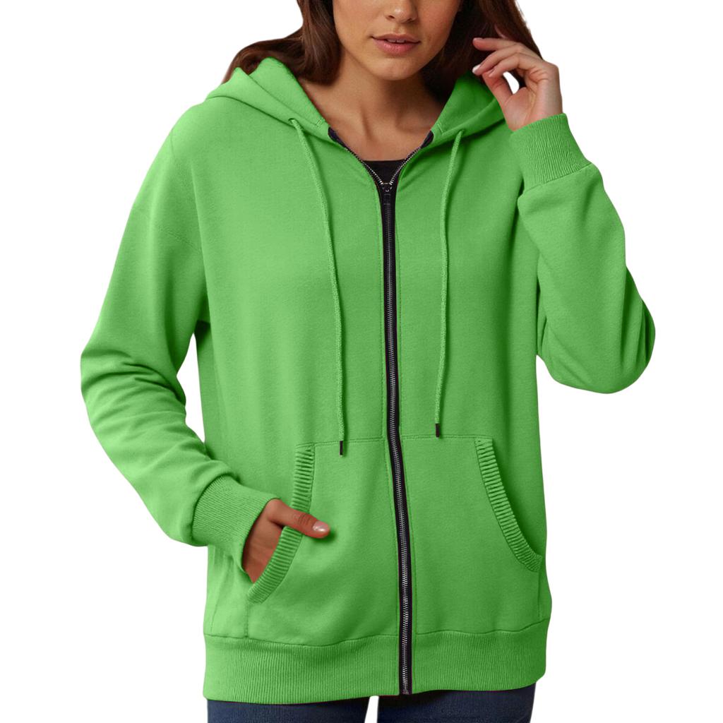 Women's Loose And Comfortable Zipper V-neck Long Sleeved Solid Color Pullover Sweatshirt Jacket