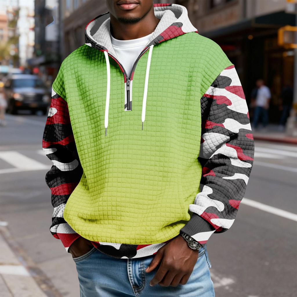 Pánská kostkovaná mikina přes hlavu s kapucí na poloviční zip se stahovací šňůrkou a potiskem, ležérní sportovní mikina
