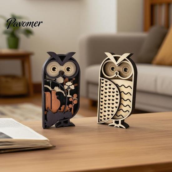 Handcrafted Wood Owl Figurines Multi Layer Wooden Figurine, 3D Layered Crafts, Creative Detailed Desk Ornaments Carving Animal for Home Bedroom Living