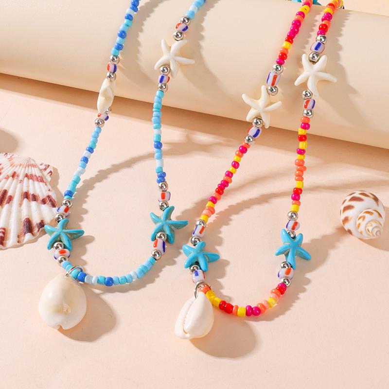 Bohemian Beach Shell Conch Beaded Necklace For Women Summer Ocean Style Seashell Starfish Pendant Choker Vacation Party Jewelry