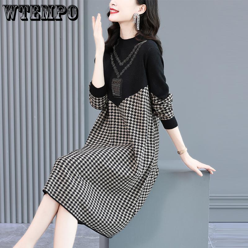 Casual Solid-color Mid-length Knitted Dress for Women Autumn and Winter Long-sleeved French Checkered A-line Sweater Dress Pulloversr