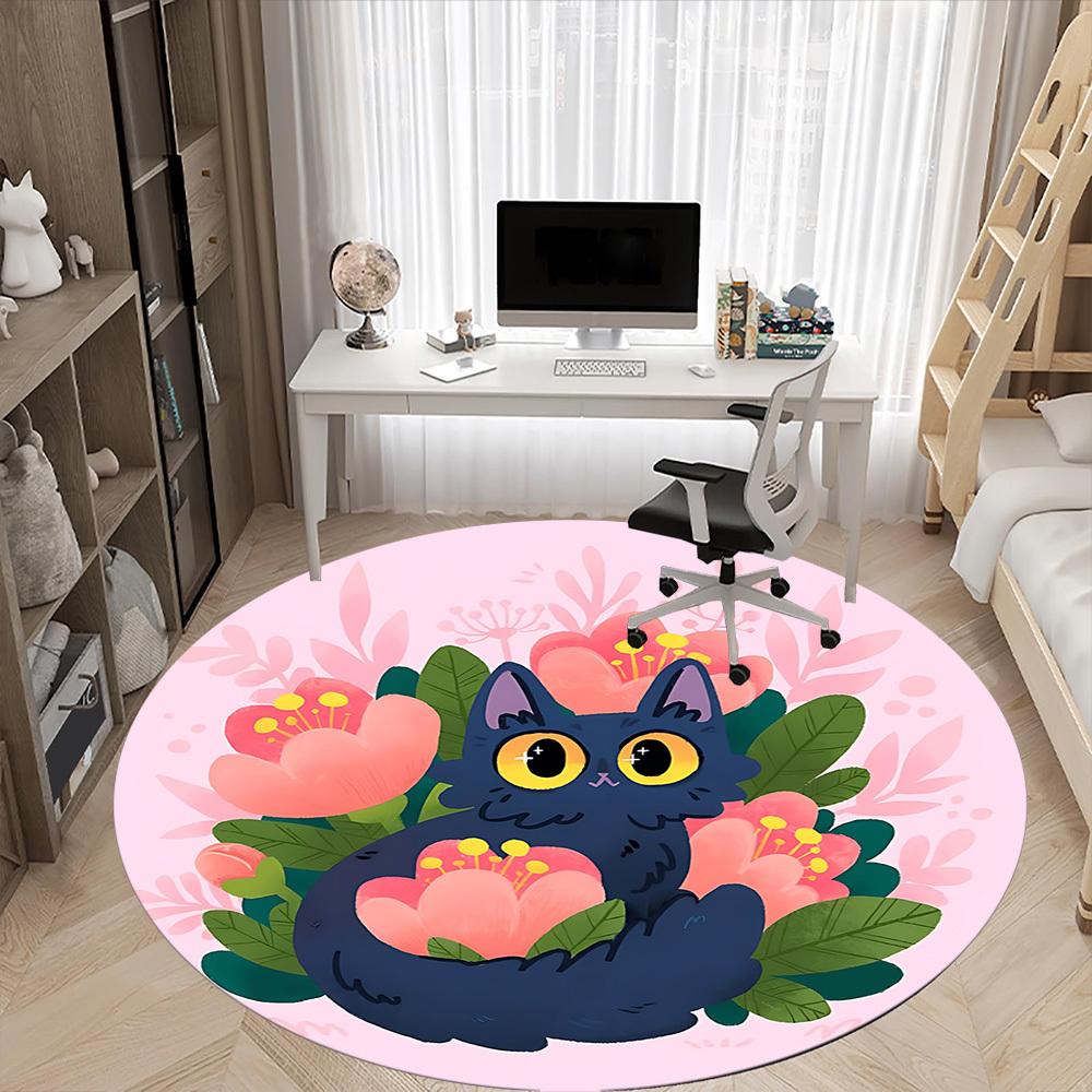 1pc Floral Cat Office Round Area Rug,  Mat Suitable For Office, Under Office Chairs Bedroom Living Room Home Decor, Room Deco
