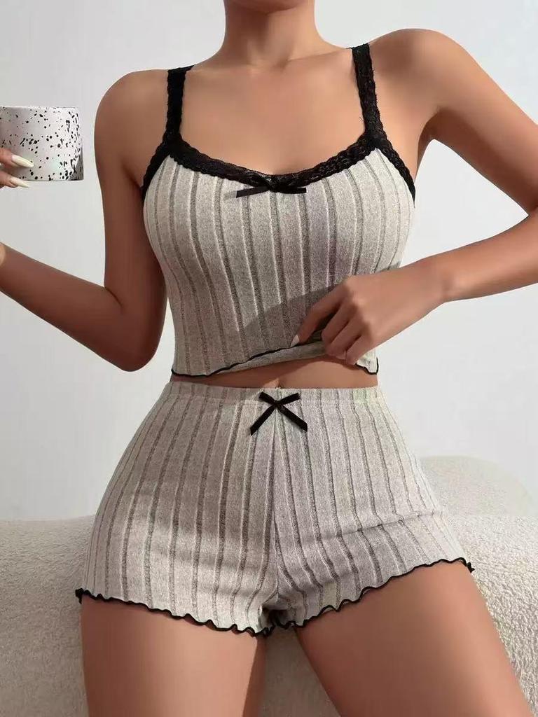 Sexy Lace Trimmed Bow Tie Camisole and Shorts Two-Piece Set