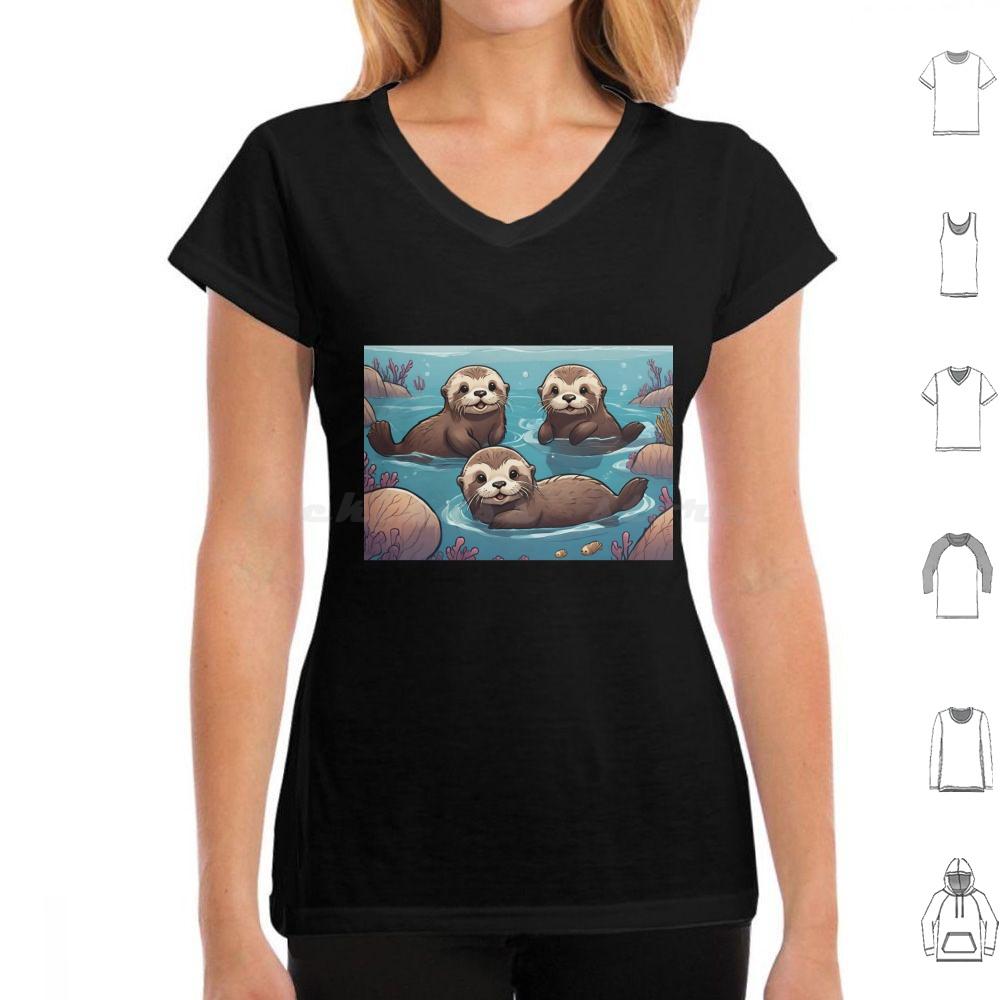 Playful Otters In The Ocean T Shirt Big Size 100 Cotton Otters Swimming Ocean Cute Adorable Family Joyful Playful Wildlife