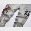 Men's Embroidered Ripped Jeans - American Style Slim Straight, High Street Fashion, Elastic Casual Long Pants