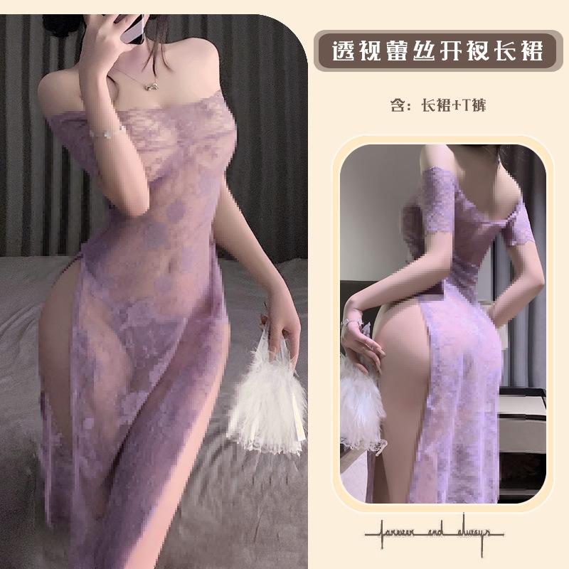 Sex Underwear One-word Collar Perspective Cheongsam Tube Top Sexy Lace Nightdress Sexy Pure Desire Nightdress Women