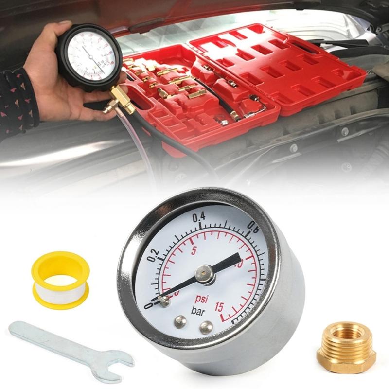 1/8'' NPT Fuel Pressure Gauge 0-15PSI 0-1Bar & Wrench Adaptor Kit Double Scale Pressure Gauge for Fuel Injections System