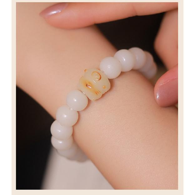 Cat Paw Charcoal Burned Bodhi Root Natural White Jade Bracelet, Burnt Color, Soft and Flexible, Decorative Bracelet for Girls