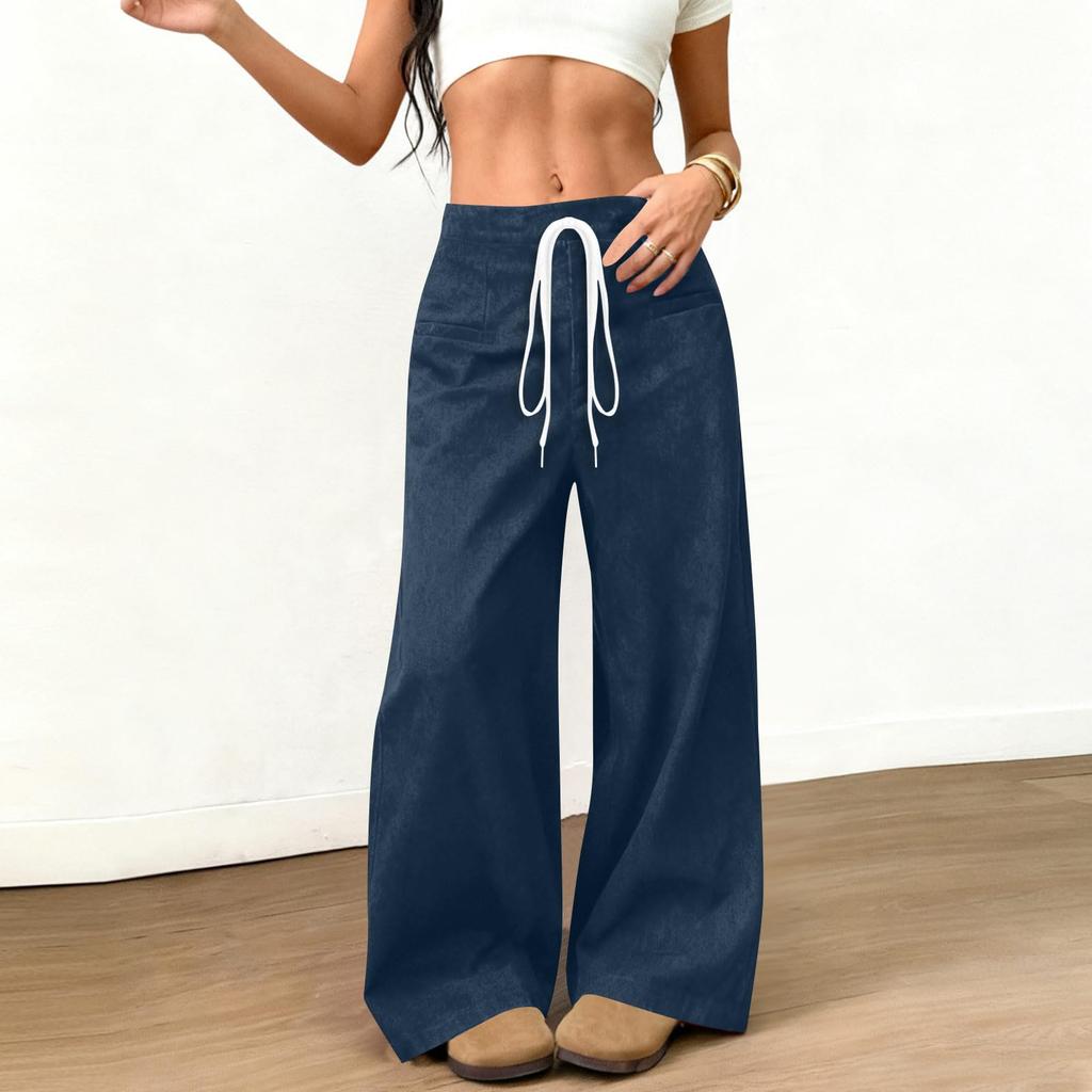 Womens Suede Wide Leg Pants Elastic Waist Loose Fit Trousers Drawstring Waistband with Pockets Casual Style Long Pants