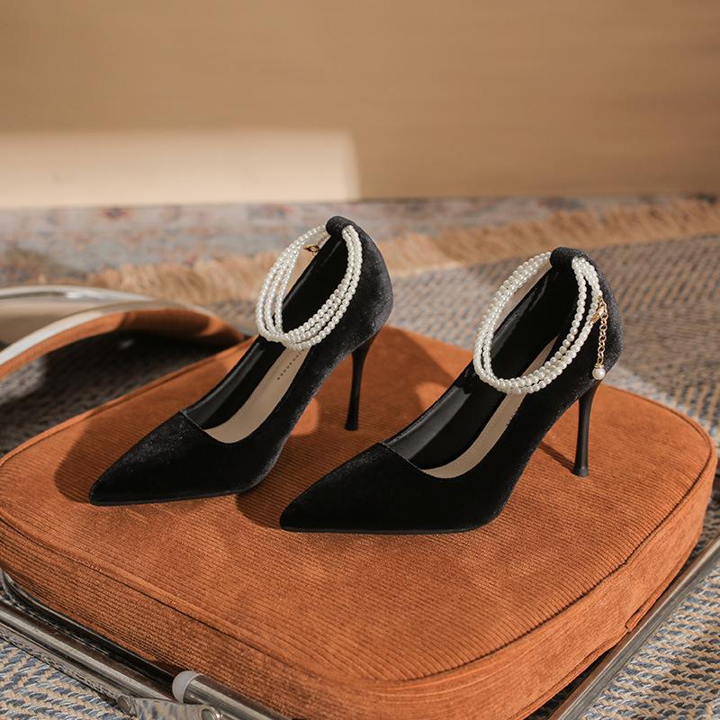 Fashion pearl chain elegant temperament sexy feminine women's new thin heel high heel women's single shoes