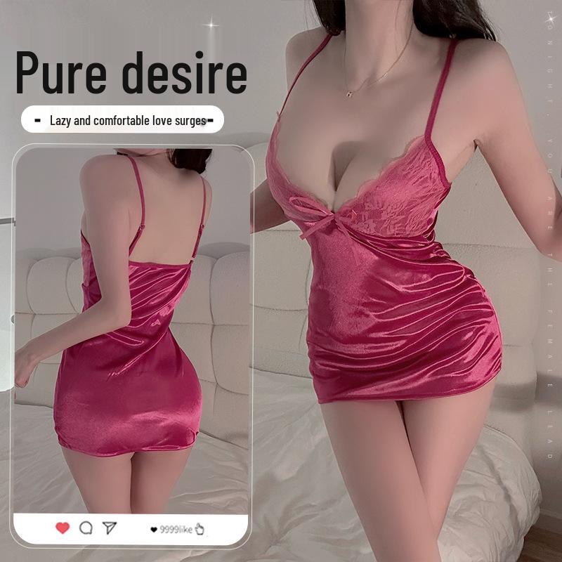Sleek Lace Desire: Women's Sexy Sling Nightgown & Hugging Pajamas Set