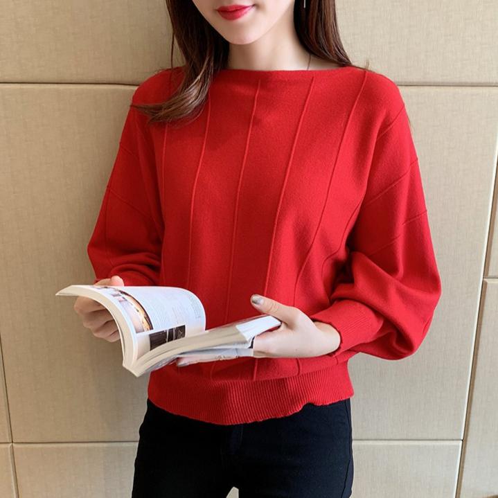 Vertikal gestreifter Strickpullover Damen Herbst Freizeit Fledermausärmel Pullover Damen Locker Einfarbig Langarm Oberteil