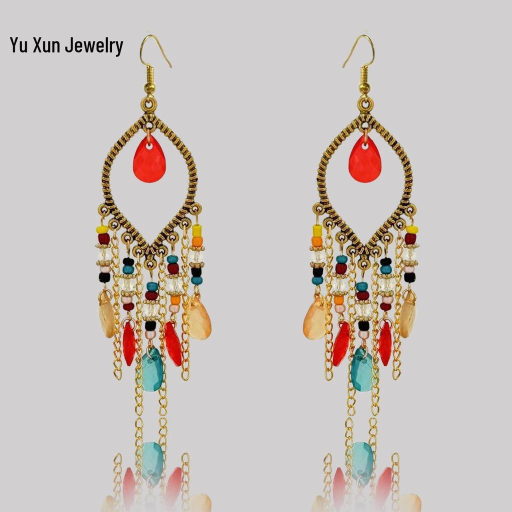 2024 Rhombus Antique Gold-Plated Tassel Beaded Bohemian Dangle Earrings