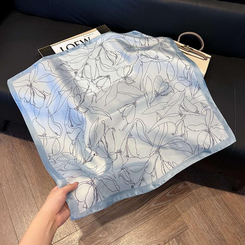 Fashion Black and White Printing Temperament Square Scarf Imitation Silk Korean Version Decorative Scarf Scarf Professional Decorative Shawl Silk Scar