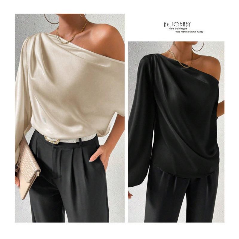 Damen Schrägschulter Langarm Unifarbenes Shirt Sexy Schulterfrei Lockeres Temperament Satinblusen & -hemden