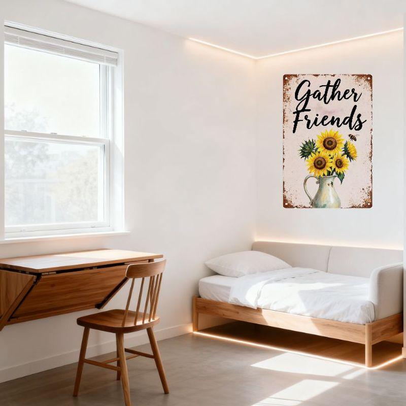 Vintage Gather Friends Metal Tin Sign Rustic Brown Border with White Ceramic Pitcher Sunflowers Bee Design Home Bar Cafe Decor F