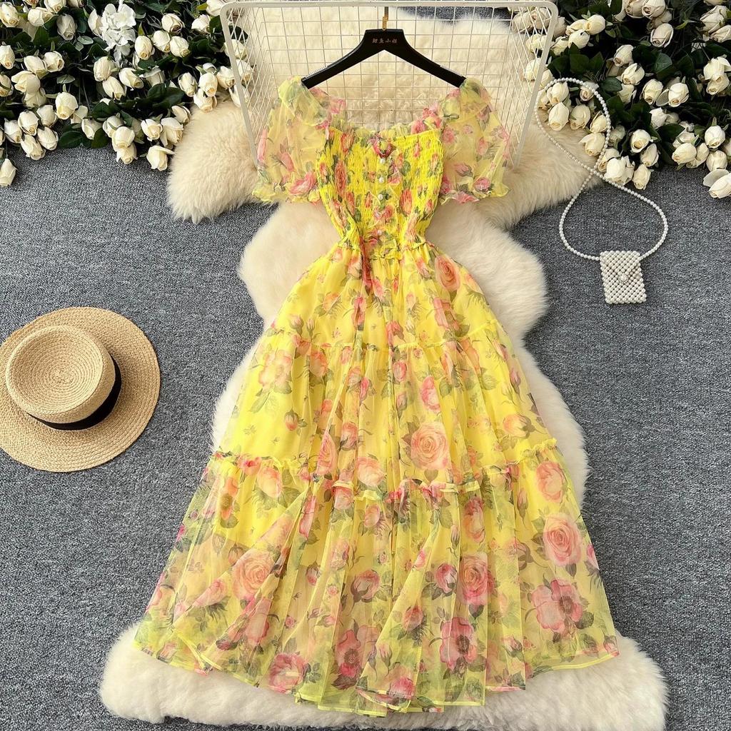Tea Break Retro French Gentle Style Floral Chiffon Dress for Women with A Cinched Waist and A One Shoulder Puff Sleeve Mesh Skirt