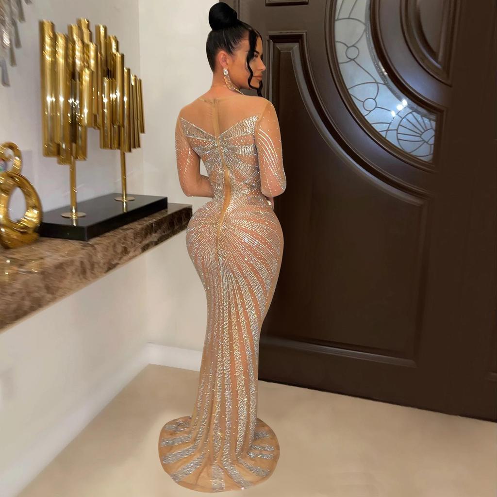 Evening Gown Fashion Women's Solid Colour Mesh See-through Hot Rhinestone  Long Sleeve Maxi Dress  buy the best products in the Ayzeze online store