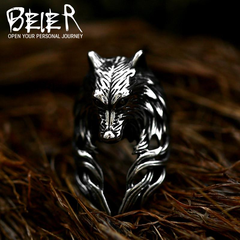 Beier Neues Design Vintage Cool Nordisch Wikinger Wolf Ring Mit Geschäft Hohe Qualität Edelstahl Tier Ring Für Männer Modeschmuck