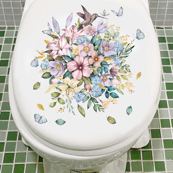 1 Set Toilet Sticker Flower Pattern Wall Decal Removable Self-adhesive Toilet Lid Sticker for Home Bathroom