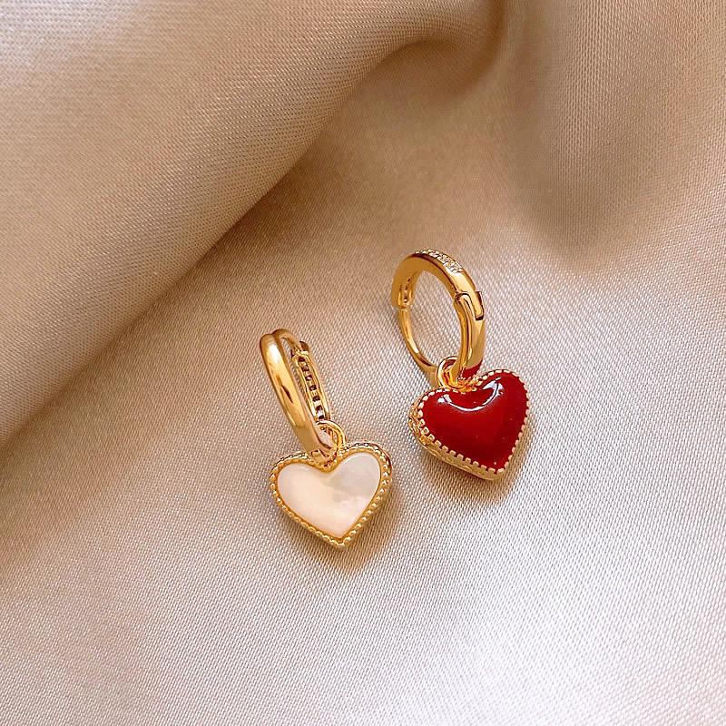 Elegant Double-Sided Mother-of-Pearl Heart Earrings – Red, Niche Design, Simple Luxury Ear Stud Accessories