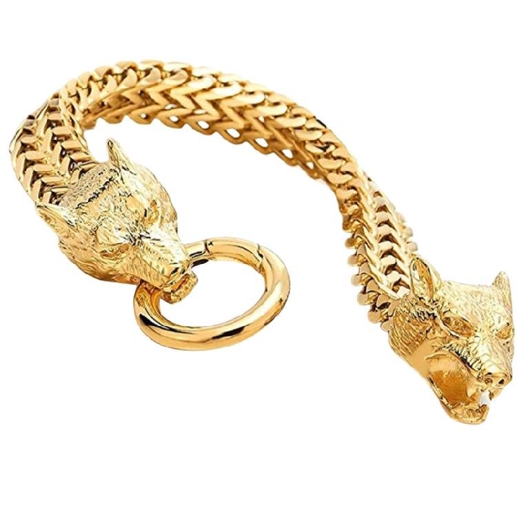 

Мужской браслет из нержавеющей стали с изображением волчьей головы, регулируемый ремешок, аксессуар для модных ценителей. золотой