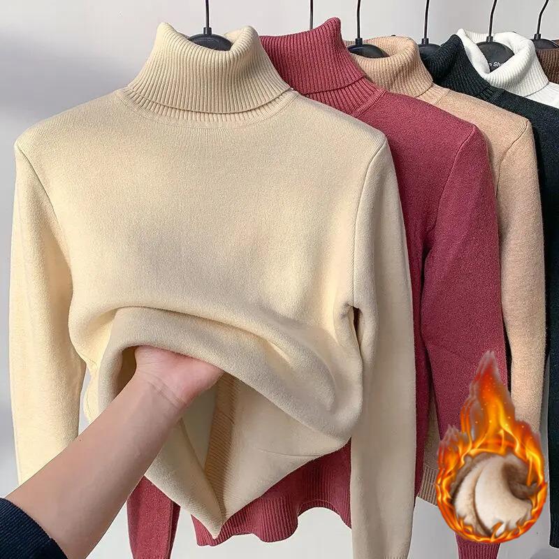 2025 Autumn Winter Women Turtleneck Velvet Thicken Warm Sweater Fleece Thermal Casual Solid Sweater For Women Pullovers