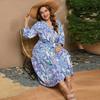 France Middle East hot sale, spring and autumn large size dress chiffon printing long sleeve V neck loose dress