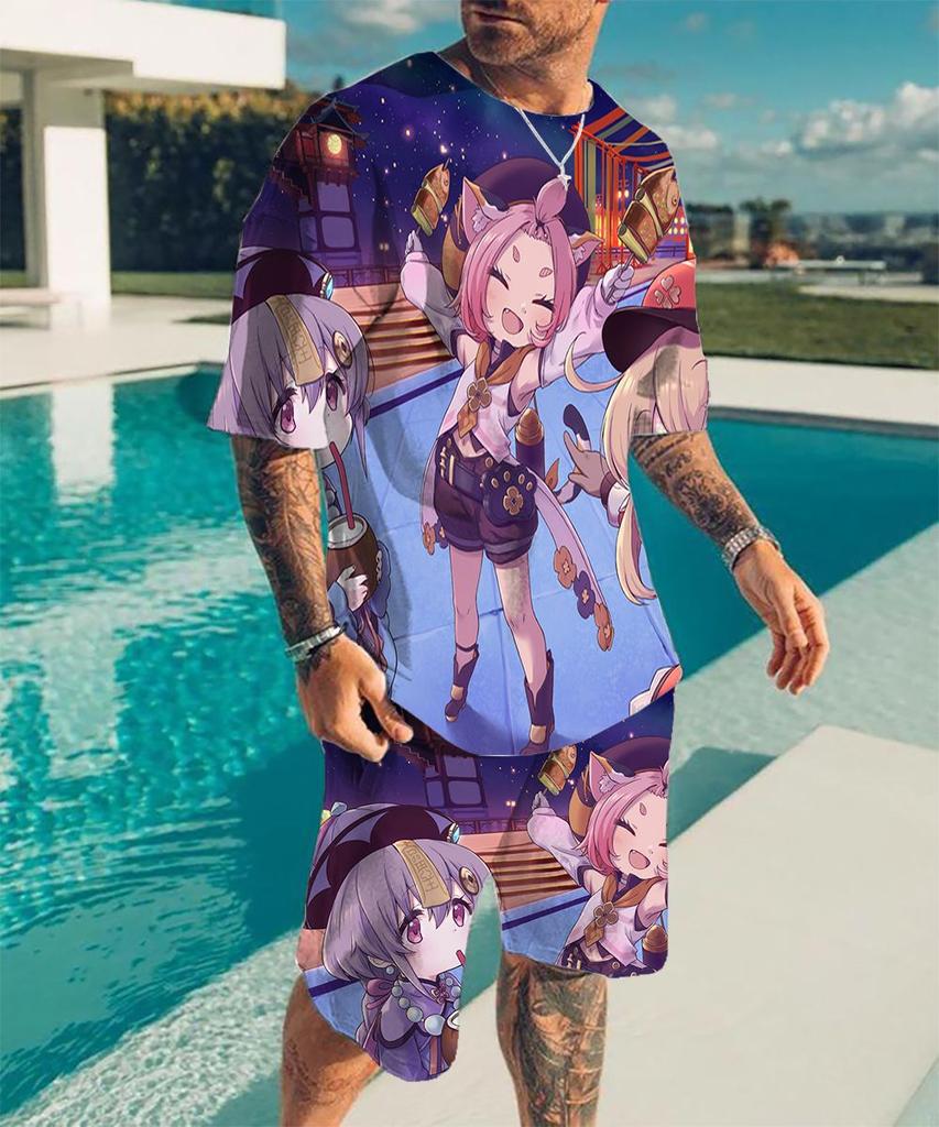 European and American cross-border new animation 3D digital original god printing men's T-shirt shorts set wholesale, short-sleeved set