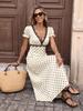 Maxi Abito a Pois in Pizzo con Scollo a V e Maniche a Sbuffo Stile Vacanza Francese