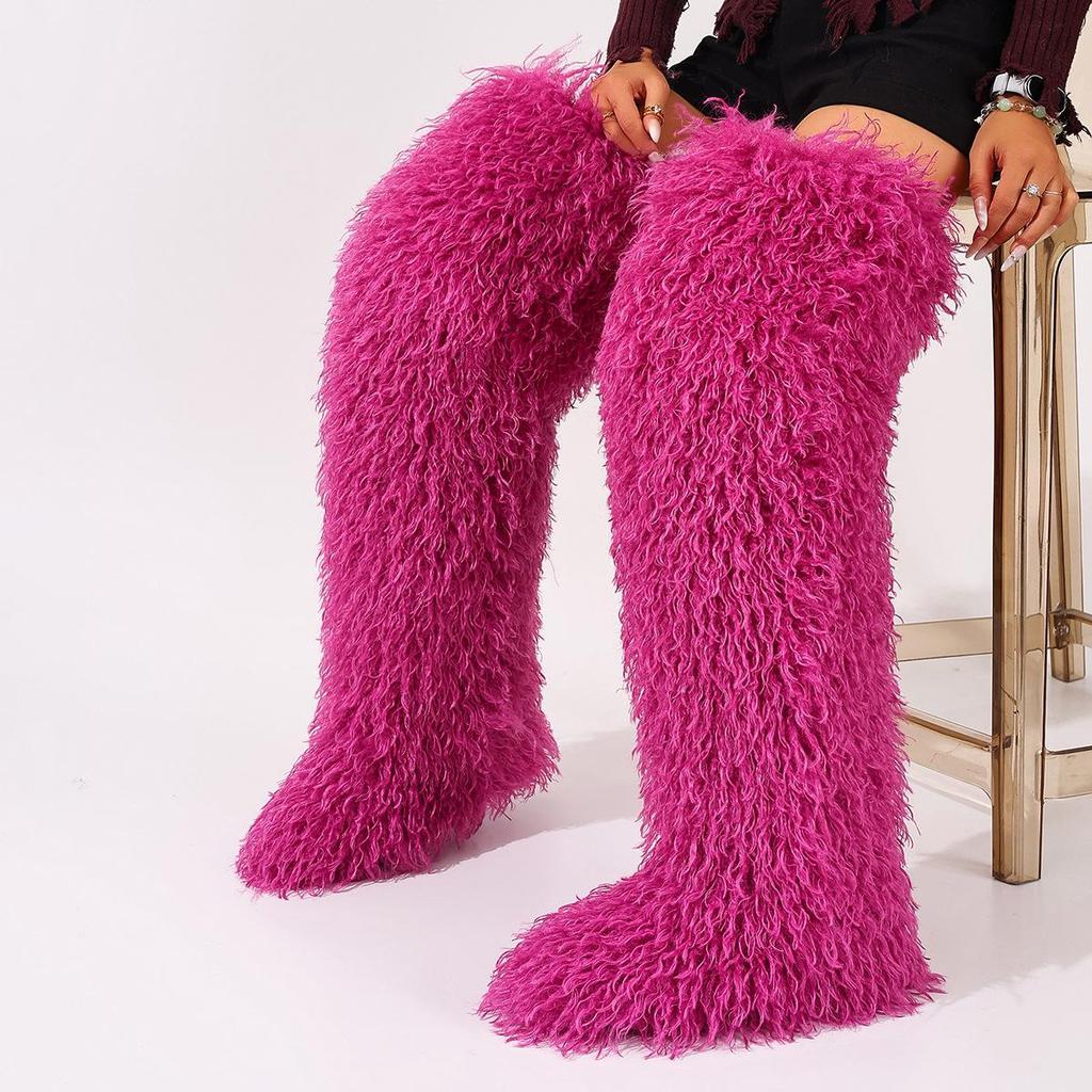 European-American 72cm Faux Tibetan Sheep Fur Thigh-High Snow Boots for Autumn & Winter