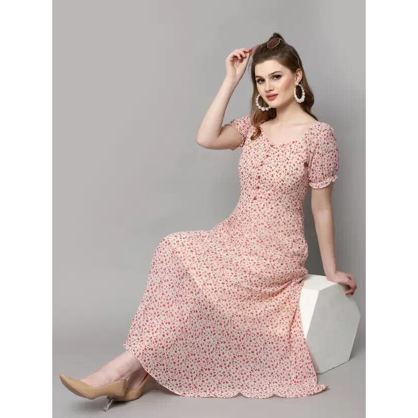 Women Fit and Flare Printed Georgette Maxi Dress with Polyester Lining Dress VF-1809