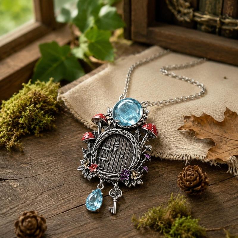 Mushroom Cottage Pendant Necklace with Dimensional Relief, Floral and Leaf Details, Blue Teardrop Dangle, and Vintage-Inspired Alloy Finish