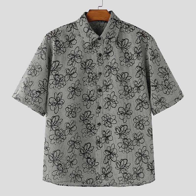 

INCERUN Summer Vintage Men Short Sleeve Plaid Floral Loose Casual Shirts Tops XL чёрный