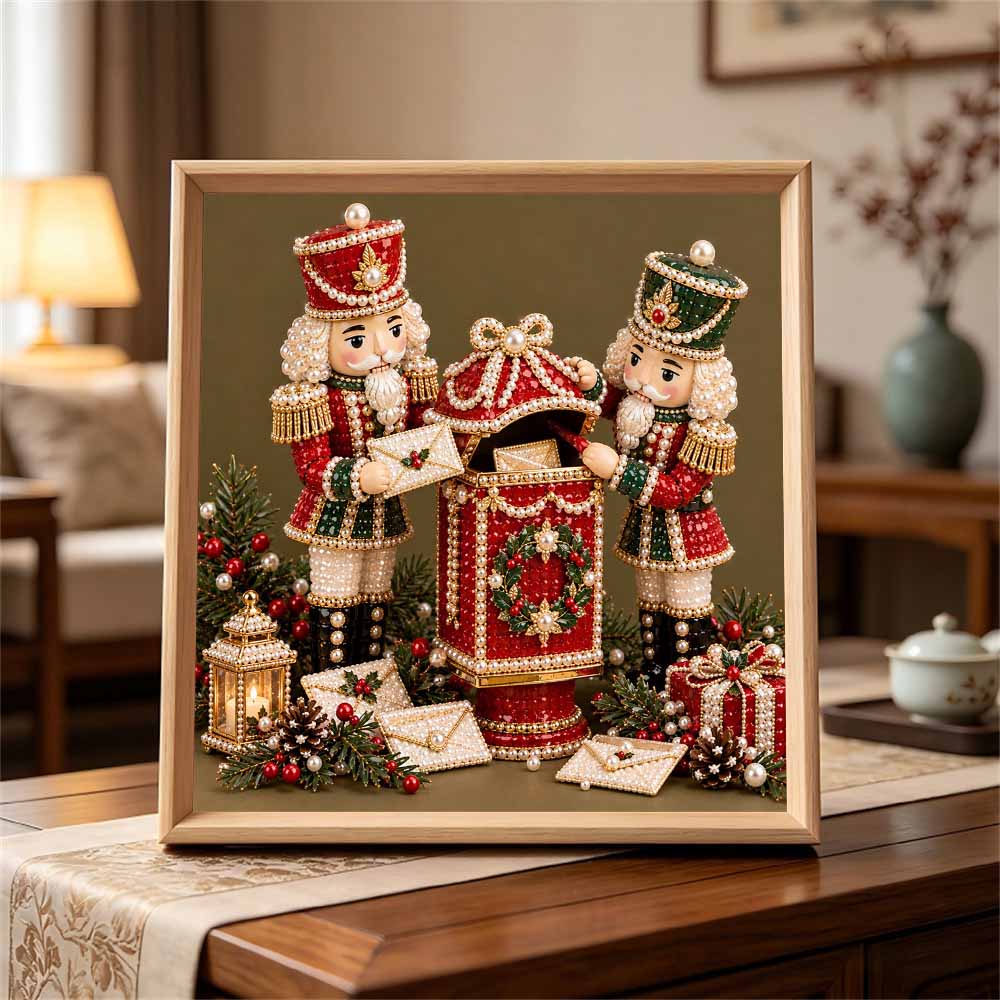 Handmade Framed Pearl Painting Set with Christmas Nutcracker and Letter Box Design 5D Shiny Bead Art Canvas Creative Craft for Holiday Room Decor