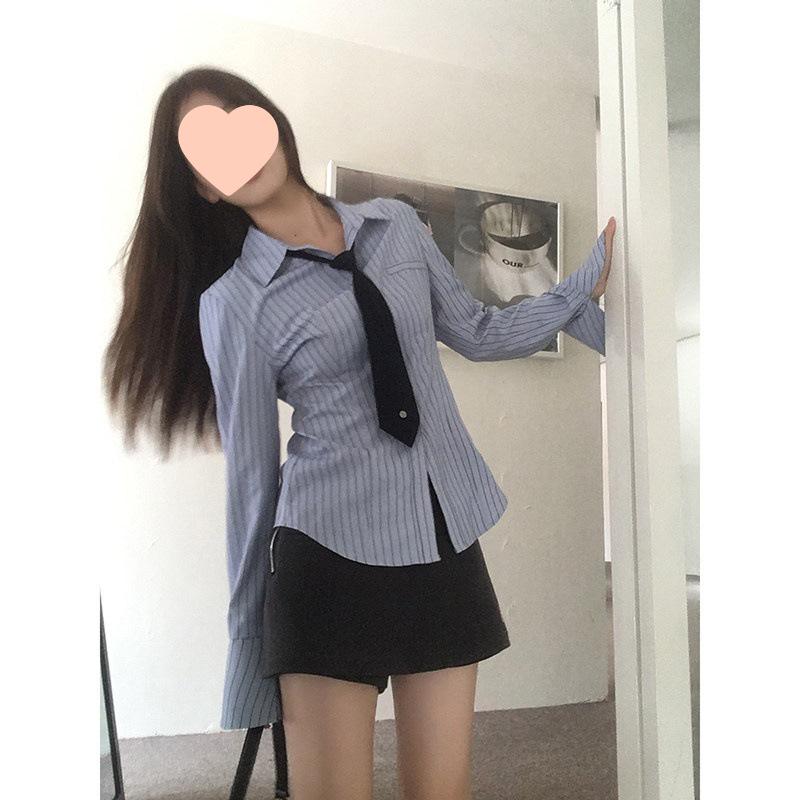 Blue Striped Long Sleeve Women s Shirt - 2025 Autumn Collection, Relaxed Fit, Elegant Style S In Stock