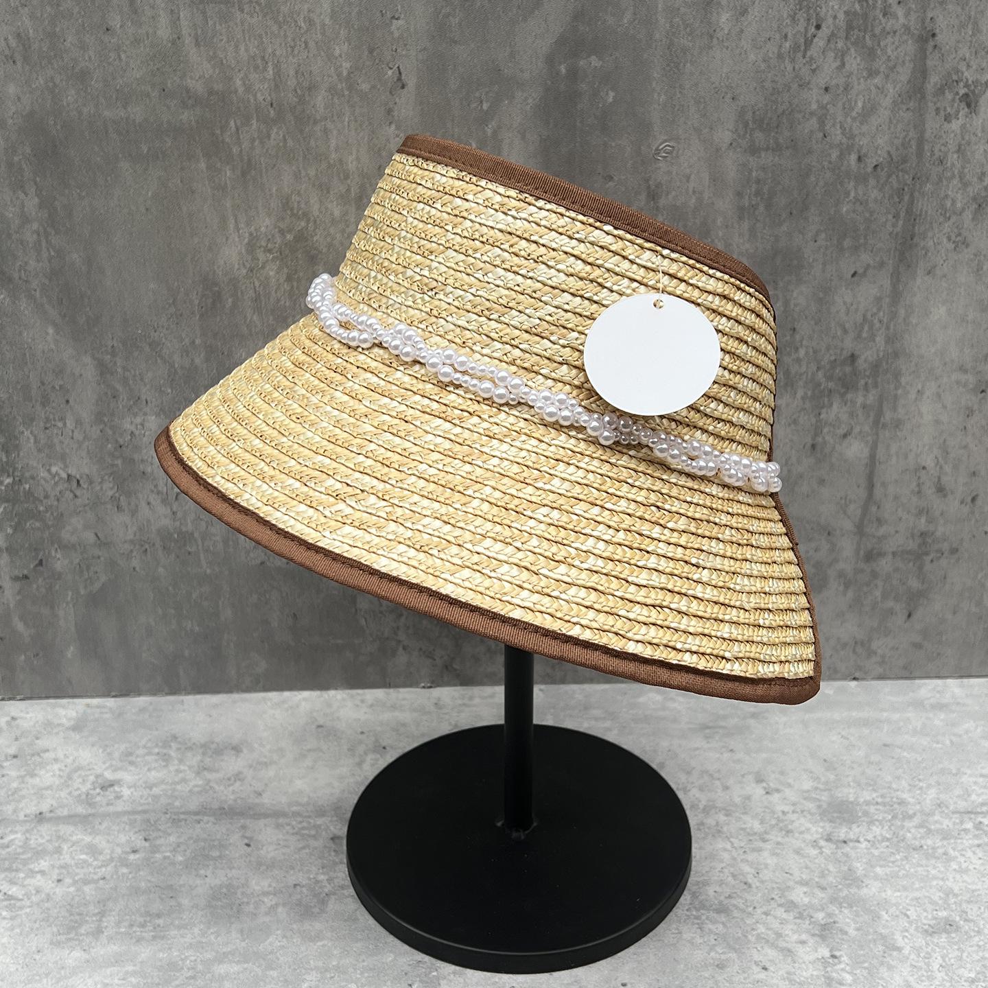 

Elegant Women s Pearl-Trimmed Wheat Straw Sun Hat - Wide Brim for Summer Sun Protection M (56-58cm)
