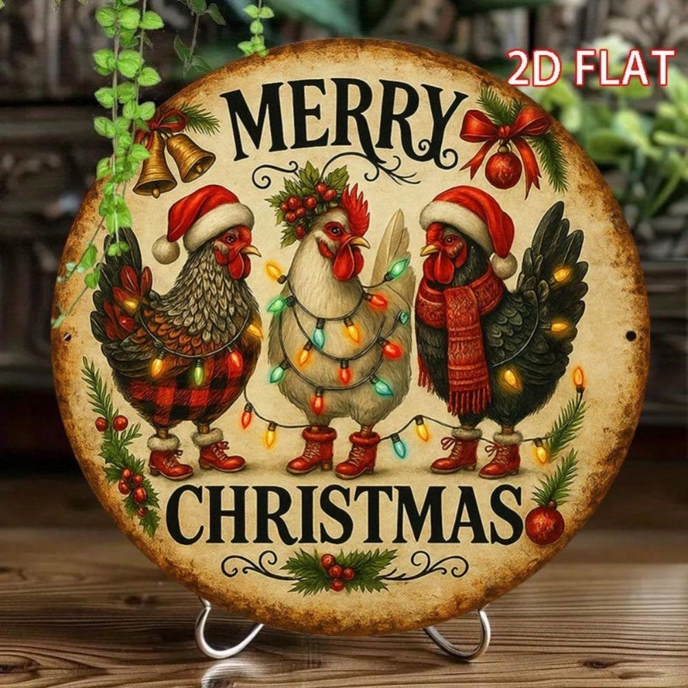 Vintage Christmas Rooster Reindeer Metal Wall Art Sign 8x8 Inch Merry Christmas Decor