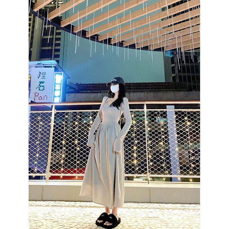 French square collar dress women's autumn feeling skirt temperament waist thin long sleeve A-shaped skirt niche long skirt