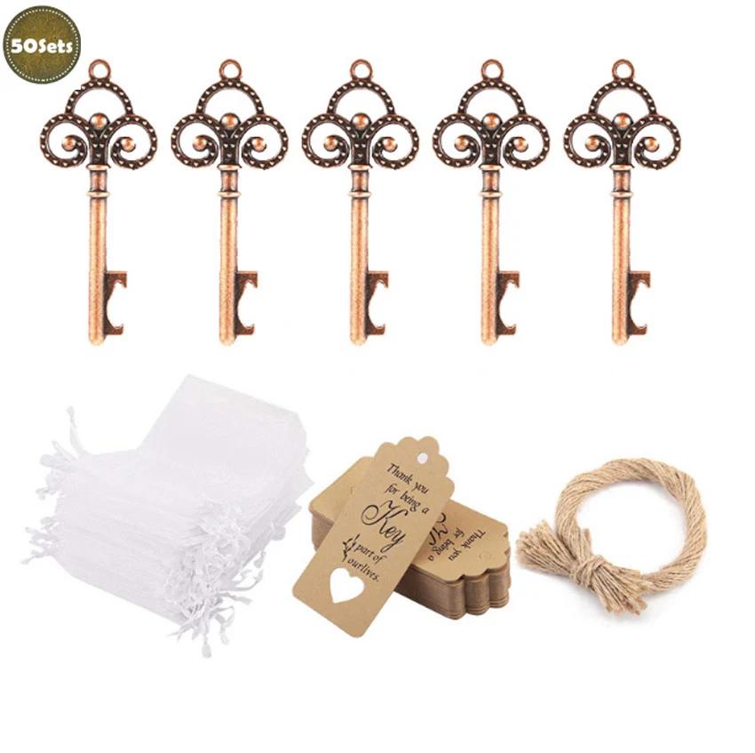 50Pcs/Set Key Bottle Opener With Tag Card Twine Yarn Bag Suitable For Wedding Gift Baby Shower Party Christmas Home Decor Gifts