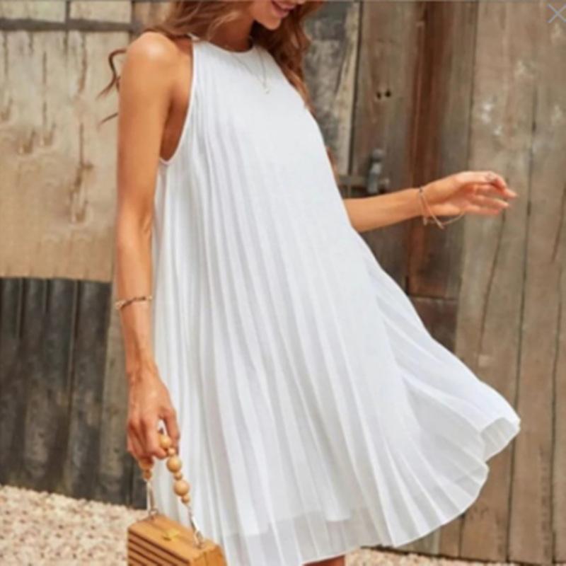 European and American Women's Clothing Spring and Summer New Products Round Neck Sleeveless Pleated Holiday Style Suspender Dress