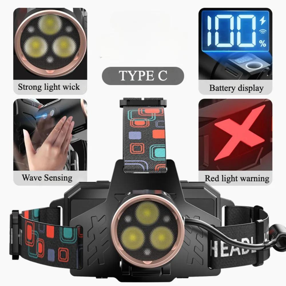 Super Bright Sensor LED Headlamp Waterproof USB Rechargeable Headlight for Night Fishing Hiking Work Light